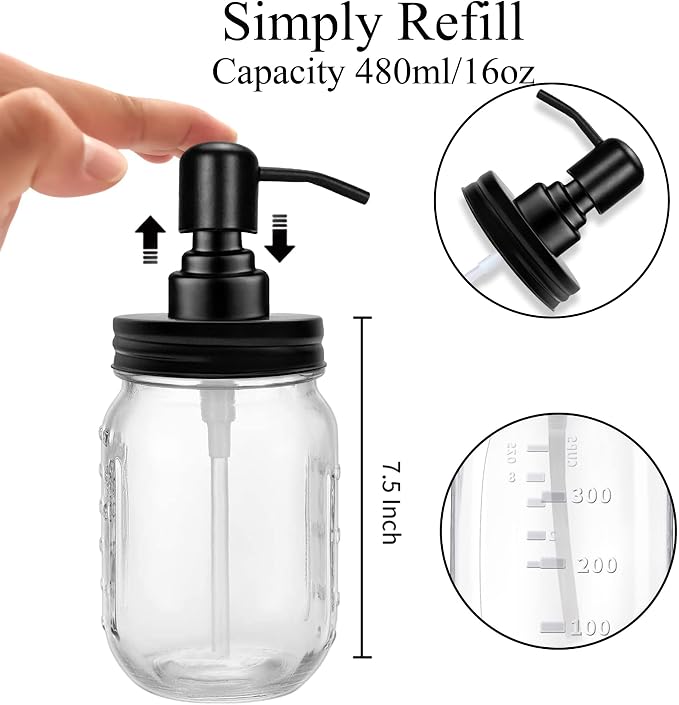 2-Pack Mason Jar Soap Dispenser - 16 oz Thick Clear Glass Soap Dispenser - Image 6