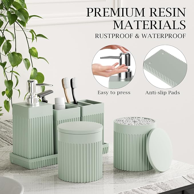 Bathroom Accessories Set, 6-Piece Resin Green Bathroom Set - Image 4