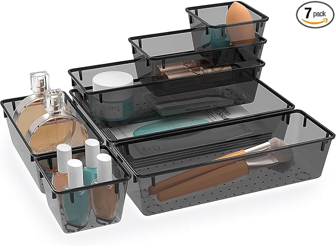 7 PCS Clear Plastic Drawer Organizers Set, 4 Size Desk Drawer Organizer Trays by StorMiracle