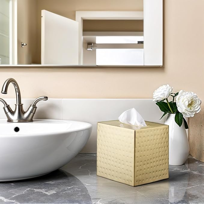 Monarch Abode Tissue Box Cover Square – Hand Hammered Brushed Gold Metal Tissue - Image 7