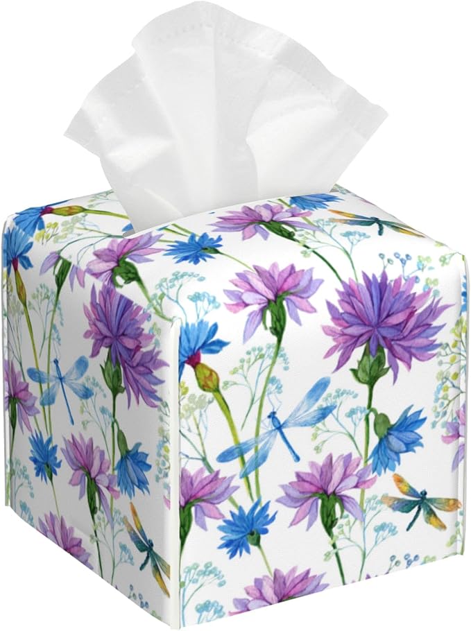 Watercolor Flowers and Dragonflies Tissue Box Cover Square by sndheke