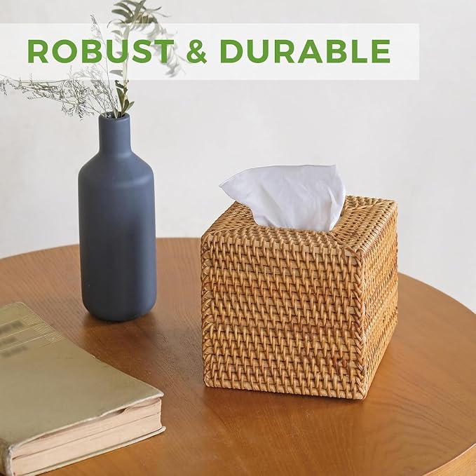 2 Pack Natural Rattan Tissue Box Cover, Hand Woven Square Wicker Holder - Image 9