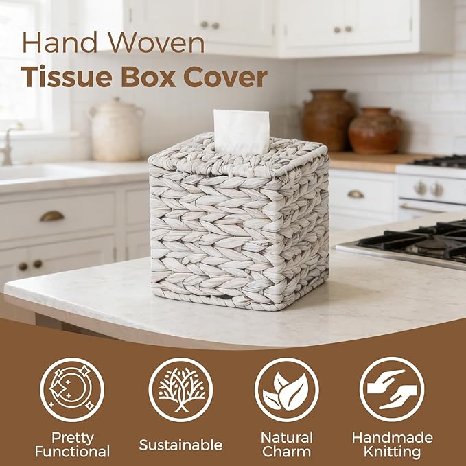 Tissue Box Cover, Square Wicker Tissue Box Holder Facial Tissues Boxes - Image 2
