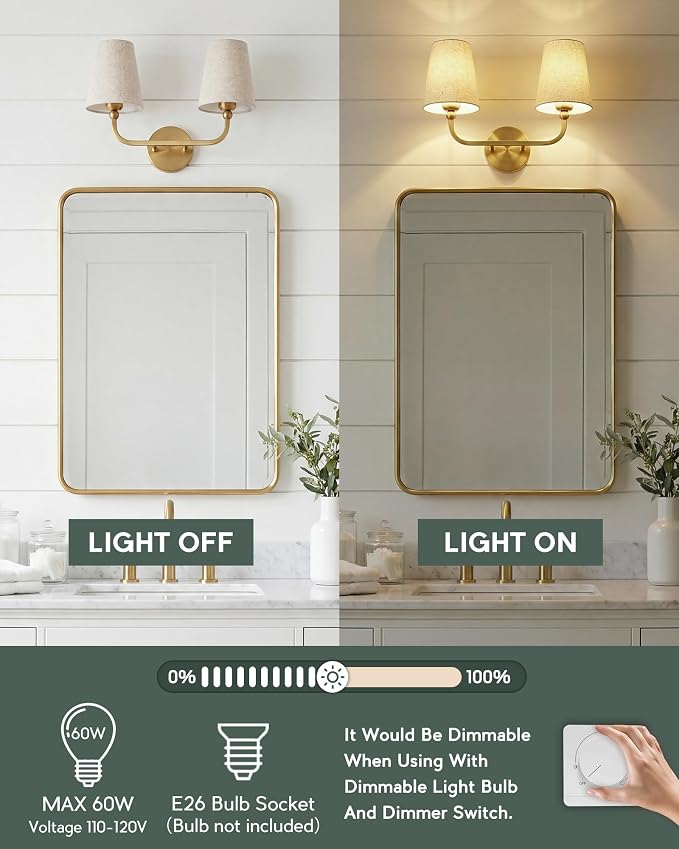 2-Light Bathroom Light Fixtures, Brushed Gold Vanity Lights, Double Wall Sconce - Image 4