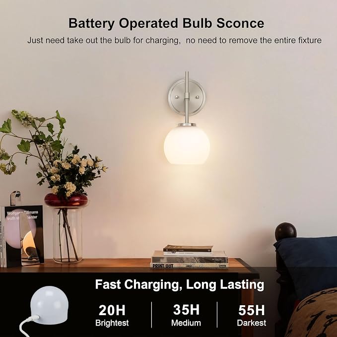 Brushed Nickel Battery Operated Wall Sconce Set of 2, Wireless Rechargeable - Image 2