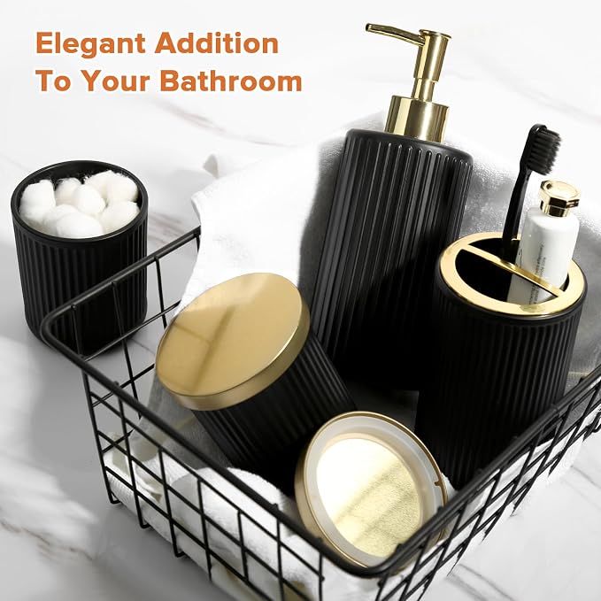 Matte Black and Gold Bathroom Accessories Set, 4 Pack Glass Bath Accessory Sets - Image 6