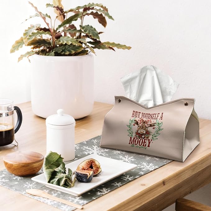 Christmas Highland Cows Tissue Box Cover Rectangle, Winter Bows PU Tissue - Image 3