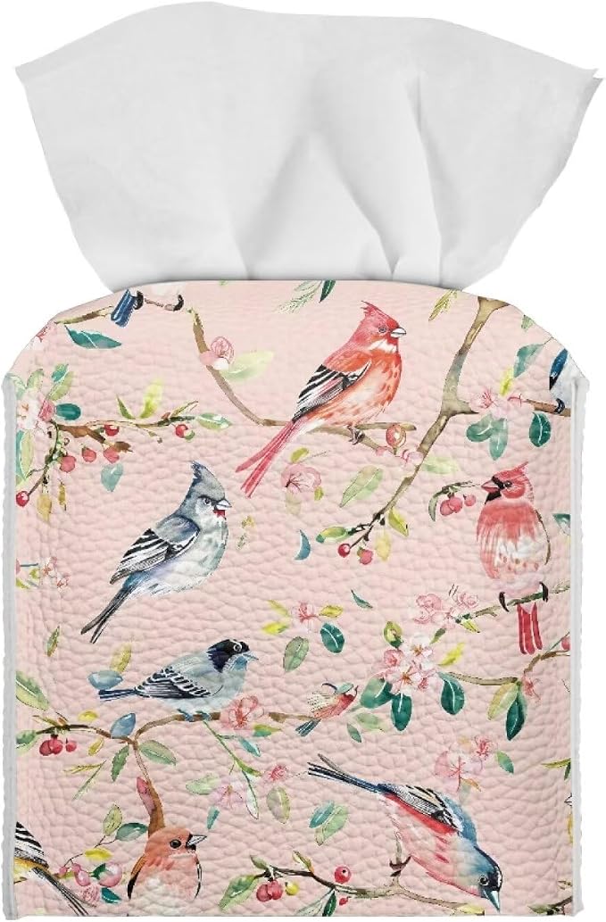 Bird Flowers Tissue Box Holder, PU Leather Square Napkin Cover by Pzuqiu