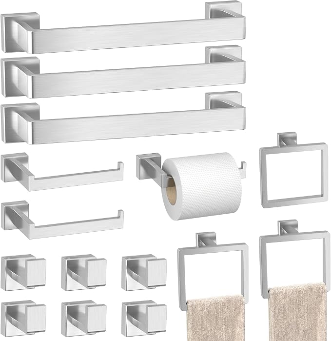 Bathroom Accessories Towel Bar Set: 15 Pieces Brushed Nickel Square Bathroom by PAHSFSLLC