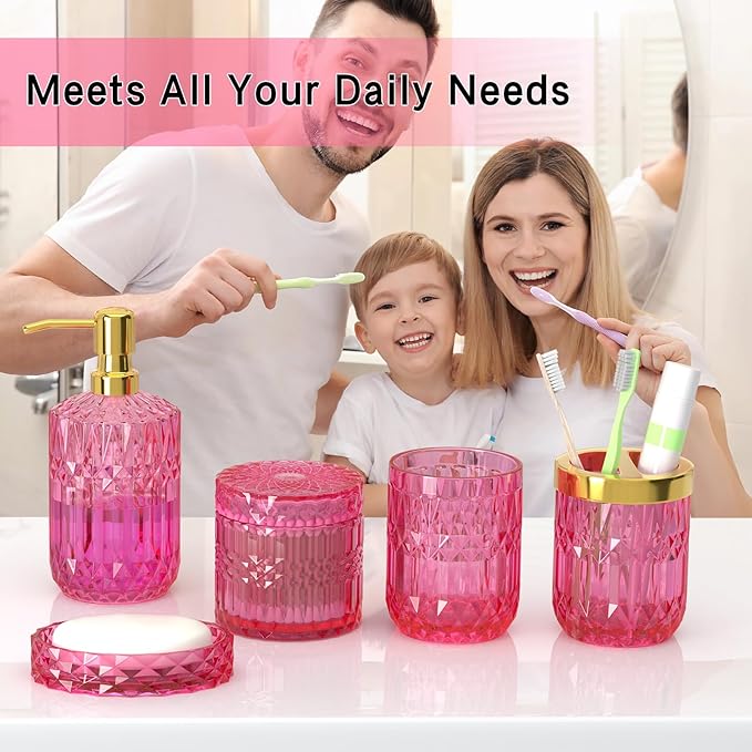 Hot-Pink Glass Bathroom Accessories Set 5 Pcs, Hot-Pink Bathroom Set, Soap - Image 2