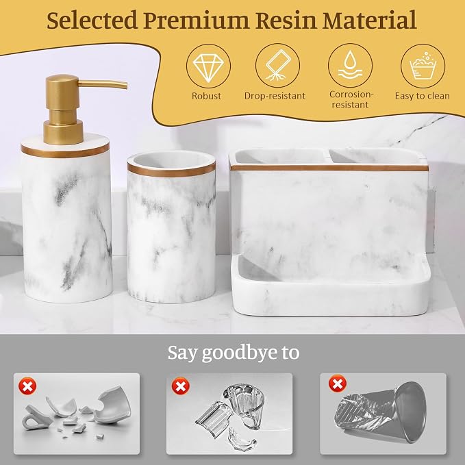 Shinowa Bathroom Accessories Set, Marble Look Toothbrush Holder and Soap - Image 3