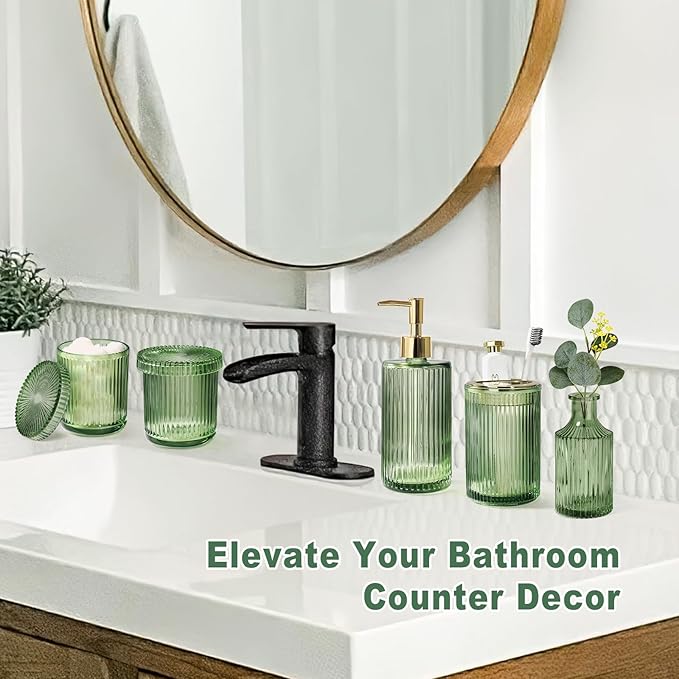 Green Bathroom Accessories 5 Pcs, Glass Bathroom Accessory Set, Vintage Green - Image 6