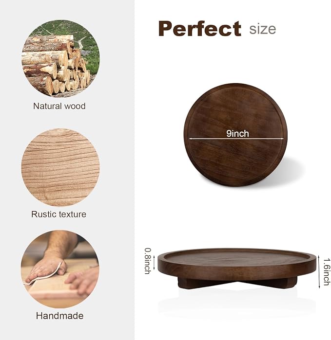 Round Decorative Tray Wood Bathroom Counter Organizer Farmhouse Kitchen Decor - Image 3