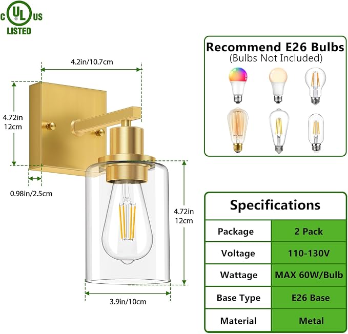 Licperron Gold Wall Sconces Set of 2, Bathroom Sconces Wall Lighting - Image 2