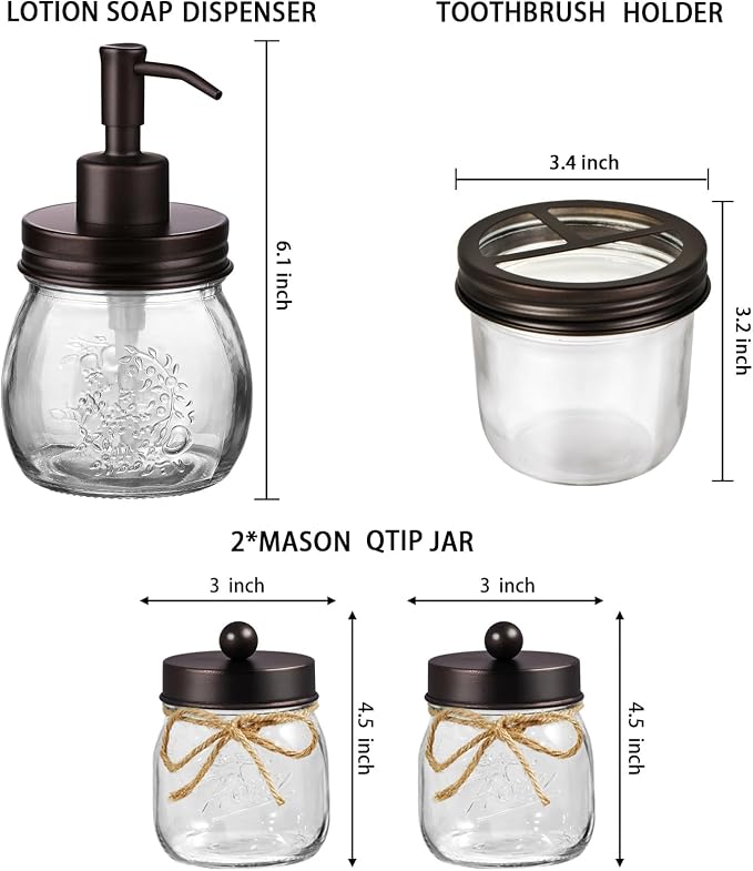 Amolliar Mason Jar Bathroom Accessories Set 4 Pcs -Lotion Soap Dispenser & 2 - Image 2