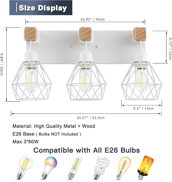 White Bathroom Vanity Light Fixtures, 3-Light Wood Bathroom Light Fixtures Over - Image 3