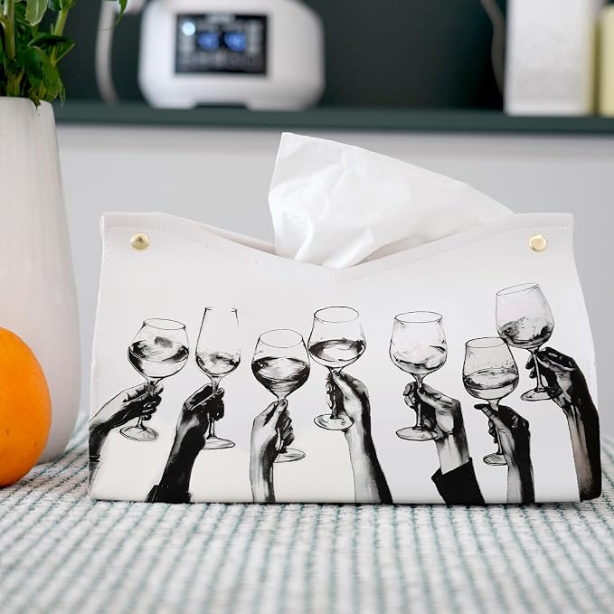 Blck And White Cheers Leather Tissue Box Cover Rectangle, Holiday Party Decor - Image 2
