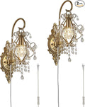 Gold Crystal Vintage Plug in Wall Sconces Set of 2 Indoor Wall Light Fixture by Fetason