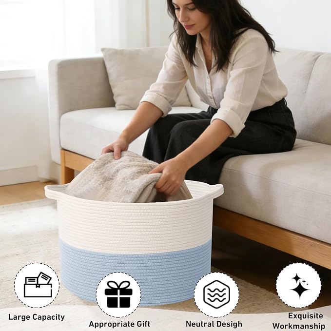 65L Large Blanket Basket, 19.7" L x 19.7" W x 13" H Rope Woven Baskets - Image 4