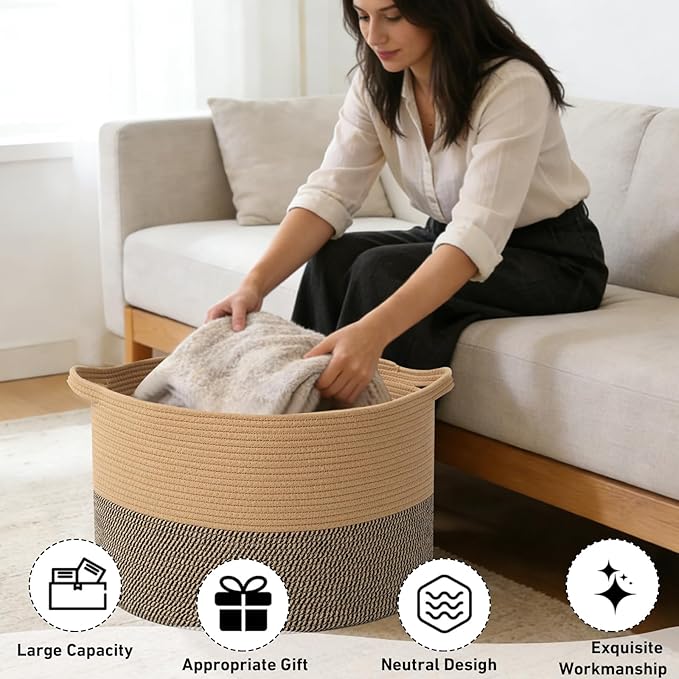115L Large Blanket Basket, 23.6" L x 23.6" W x 15.7" H Rope Woven Baskets - Image 4