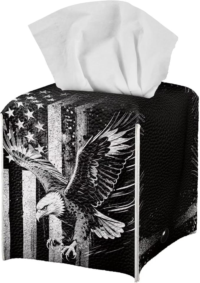 American Flag Eagle Portable Tissue Box Holder, Lightweight PU Leather Square - Image 2