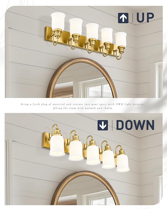 5-Light Bathroom Vanity Light, HWH Brushed Gold Bathroom Lighting Fixtures - Image 5
