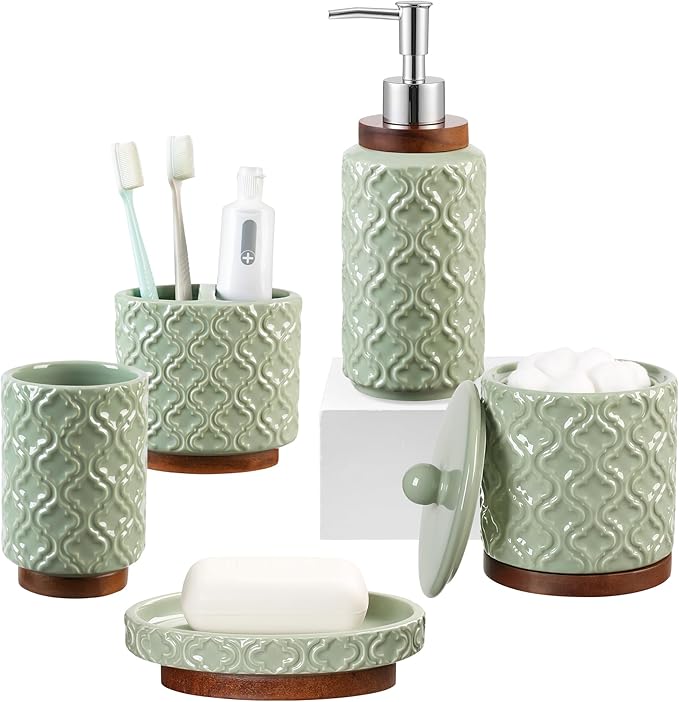 Elegant Bathroom Accessories Set 5 PCS Ceramic and Wood Bathroom Accessory Set by RQYIXI