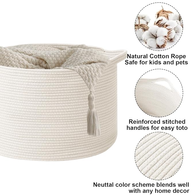 65L Large Blanket Basket, 19.7" L x 19.7" W x 13" H Rope Woven Baskets - Image 3
