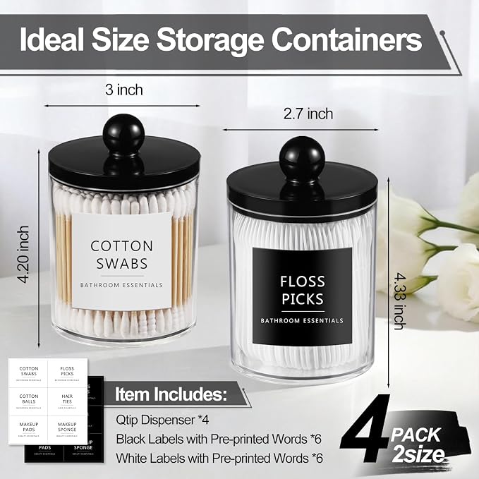 SheeChung 4 Pack Acrylic Qtip Holder Dispenser, Bathroom Jars - Image 4