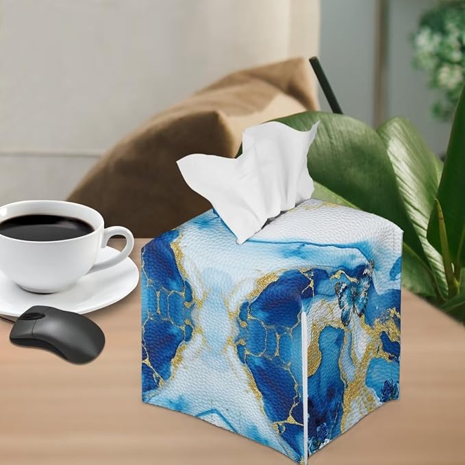 Blue Marble Butterfly Modern Tissue Box Holder, Waterproof Square PU Leather - Image 4