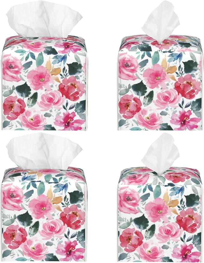 Pink Flowers and Green Leaves Tissue Box Cover Square, Abstract Watercolor - Image 2