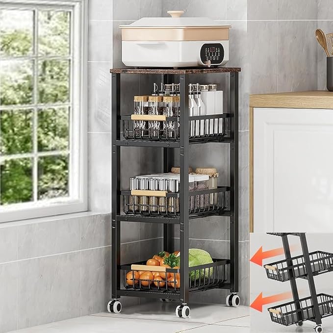 Metal Wire Baskets with Wheels, Stackable Storage Bins Kitchen Organizer Shelf by KOLENSA