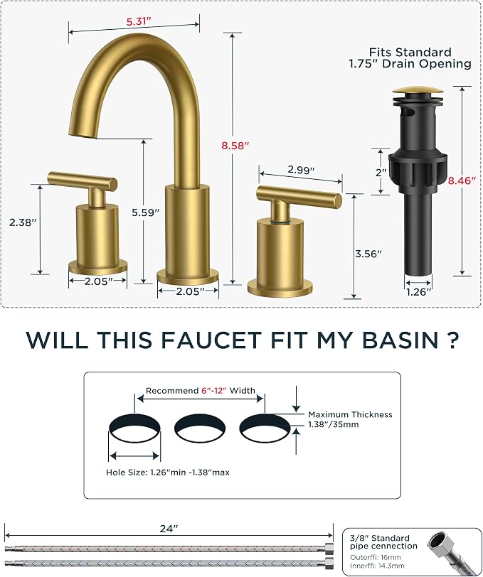FORIOUS Brushed Gold Bathroom Faucet 3 Hole, 2 Handle 8 Inch Widespread Gold - Image 8