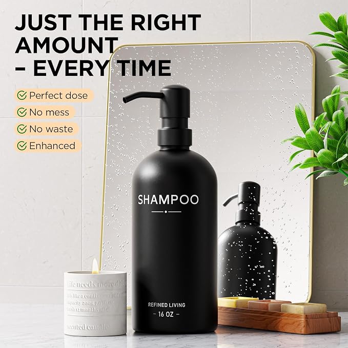 Shampoo and Conditioner Dispenser Set, 3 Refillable 16oz Bottles - Image 5
