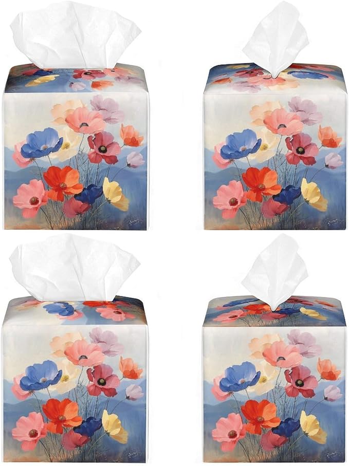Floral Tissue Box Cover Leather Tissue Box Holder Square Facial Paper Organizer - Image 4