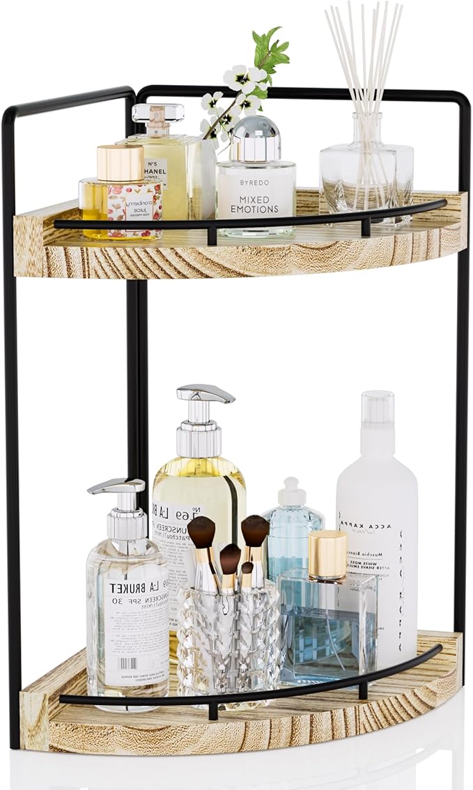 Corner Bathroom Counter Organizer, 2 Tier Wood Vanity Storage, Waterproof by CeleVista