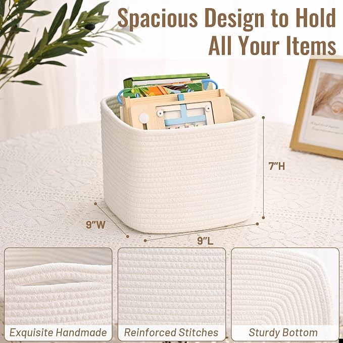 3 Pack Cube Storage Bin, 9”x9”x7” Cotton Rope Woven Baskets - Image 4
