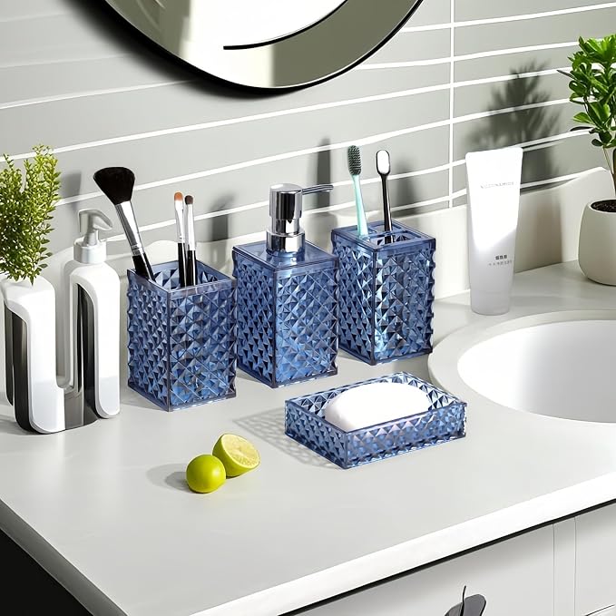 Blue Bathroom Accessories Set, Diamond Pattern Bathroom Soap Dispenser and - Image 4