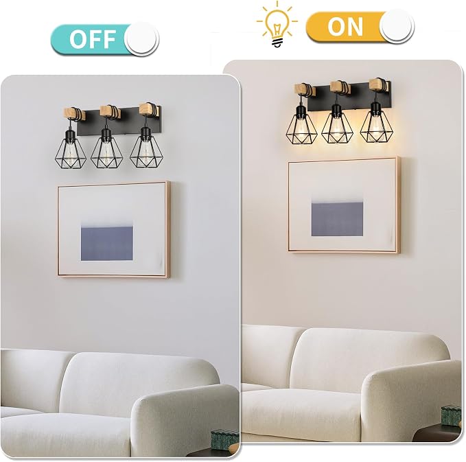 3-Light Farmhouse Vanity Light, Industrial Wood Bathroom Light Fixtures Over - Image 5
