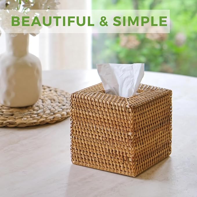 2 Pack Natural Rattan Tissue Box Cover, Hand Woven Square Wicker Holder - Image 8