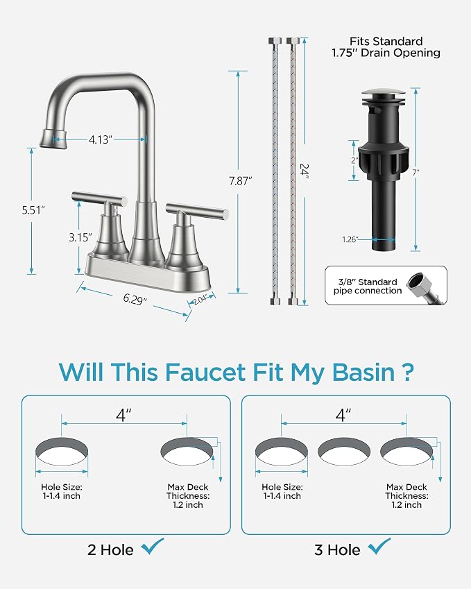 FORIOUS 4 Inch Centerset Bathroom Faucet 3 Hole, 2 Handle Brushed Nickel Faucet - Image 2