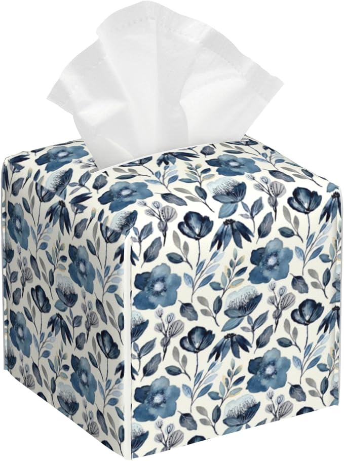 Watercolor Blue Floral Tissue Box Cover Square by sndheke