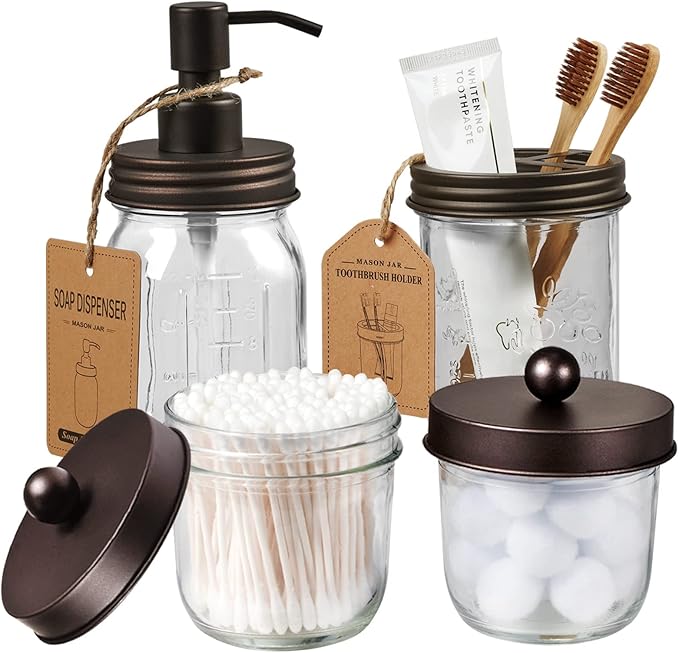 Amolliar Mason Jar Bathroom Accessories Set -Bronze-Lotion Soap Dispenser&Qtip by Amolliar