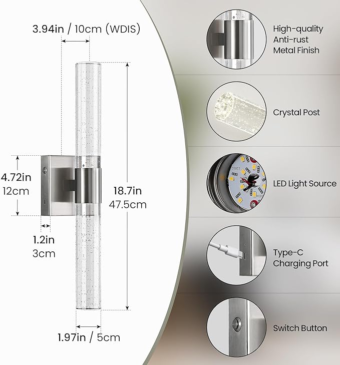 Wireless Wall Sconces Set of Two Battery Operated, 4000K Dimmable Crystal LED - Image 2
