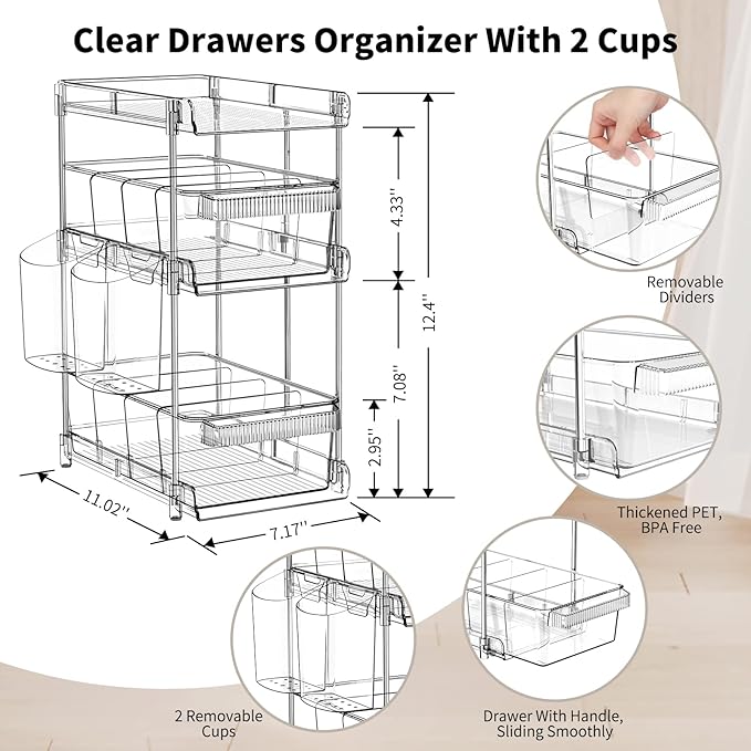 Clear Bathroom Organizers 2 Sets 3 Tier, Pull Out Organizer and Storage - Image 5
