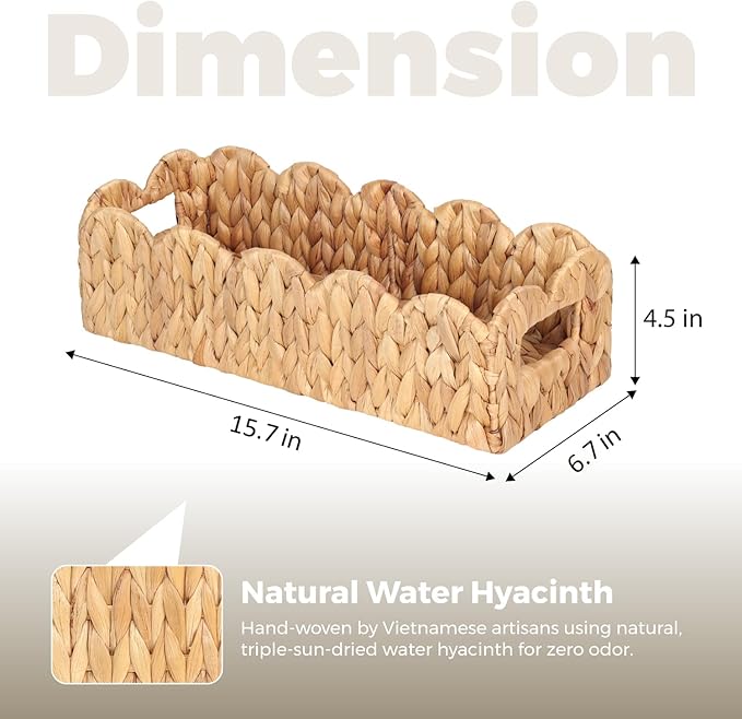 Handwoven Water Hyacinth Scalloped Countertop Storage Basket, Toilet Tank Basket - Image 2
