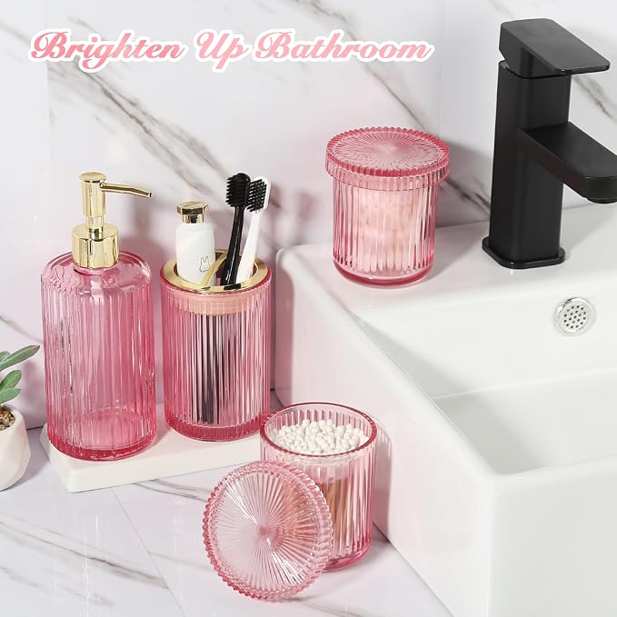 Pink Bathroom Accessories Set, 4 Pack Ribbed Grils Soap Dispenser and - Image 7