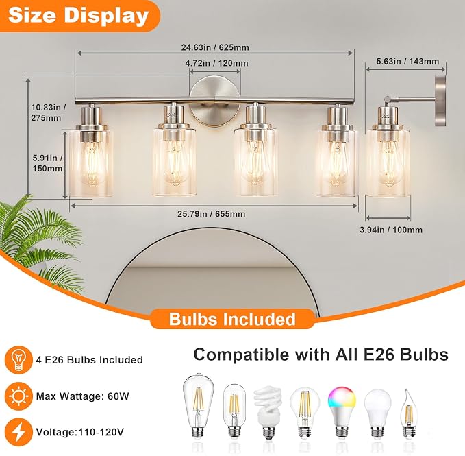 DLLT 4-Light Bathroom Light Fixtures: Nickel Modern Vanity Lights - Image 6