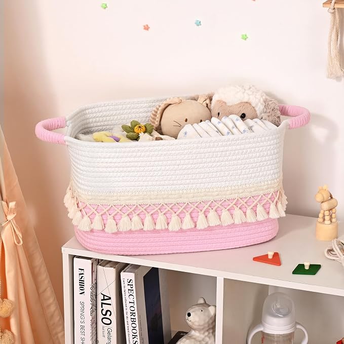 2 Pack Storage Basket for Shelves, Boho Cotton Rope Storage Bins - Image 3