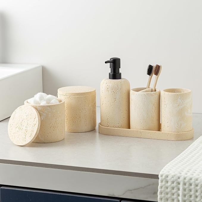 Bathroom Accessories Set, Travertine Stone-Look, Toothbrush Holder, Vanity Tray - Image 6